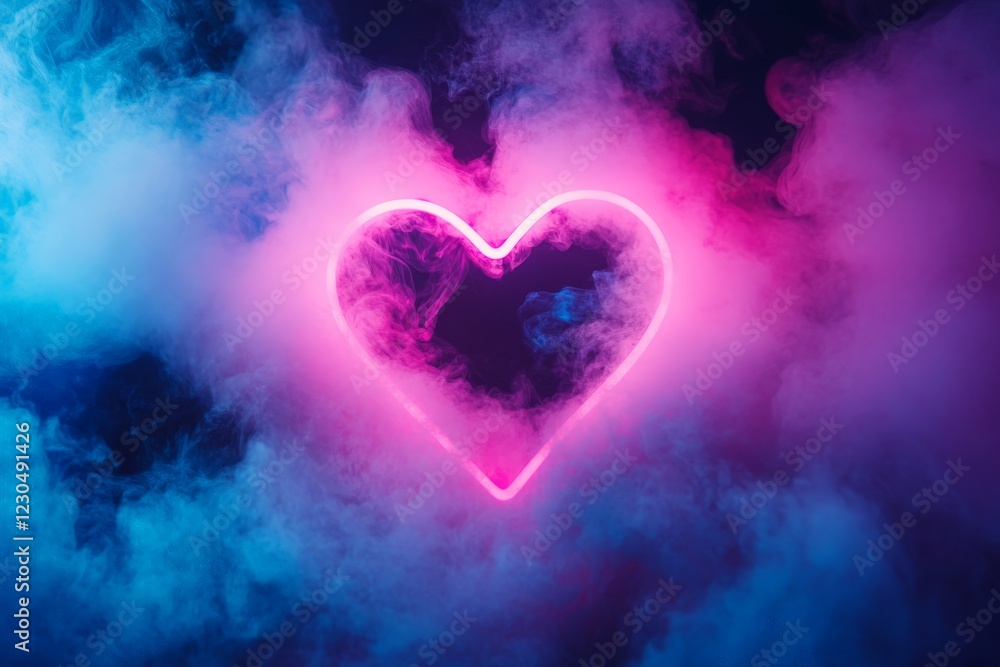 Neon heart glowing in a smoky atmosphere creates a romantic mood at night