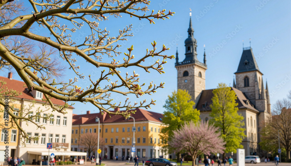 Obraz premium Budding linden tree branches in town square, spring awakening
