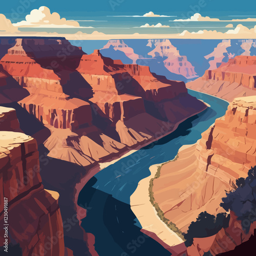 A breathtaking panorama of the Grand Canyon is revealed in this vivid picture. Towering, reddish-brown cliffs form a striking backdrop for the windswept Colorado River. vector illustration.