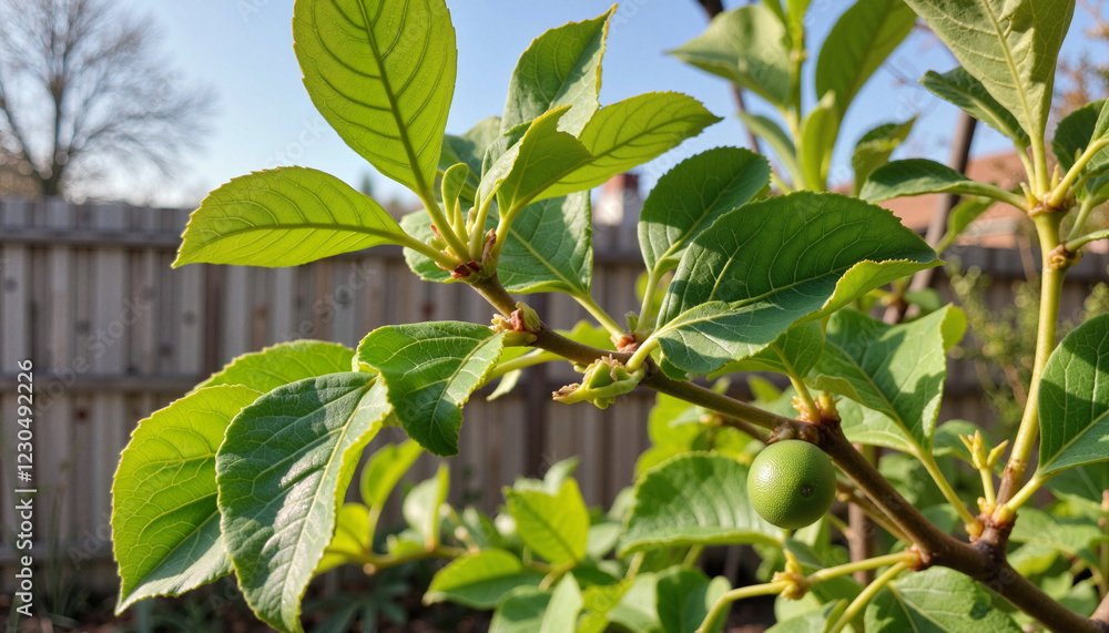 Obraz premium Vibrant fig tree leaf buds glowing in morning sunlight, nature's renewal