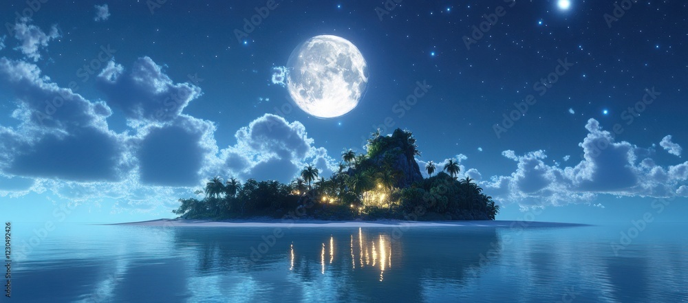 Naklejka premium Tropical Island Night: Serenity Under the Full Moon
