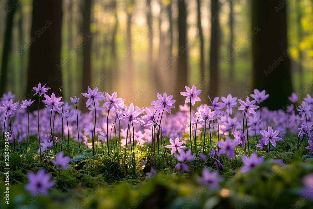 Purple Wildflowers in Forest at Sunrise Purple Wildflowers in Forest at Sunrise