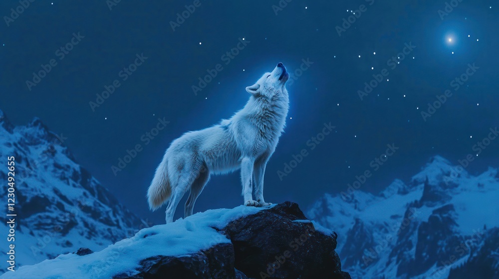 Arctic wolf howling at night, snowy mountains, stars Arctic wolf howling at night, snowy mountains, stars