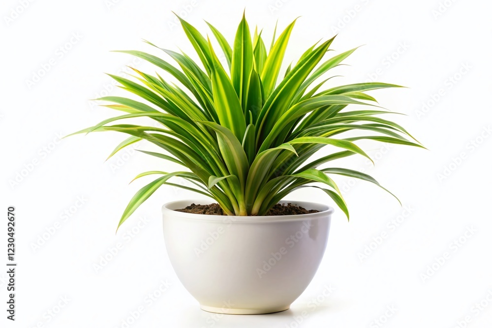 Variegated Pandanus Plant in White Pot - Isolated Garden Design Stock Photo Variegated Pandanus Plant in White Pot - Isolated Garden Design Stock Photo