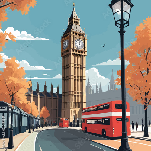 A quintessentially British scene unfolds in this flat vector illustration. Big Ben, the iconic clock tower, stands tall and proud against a clear background .