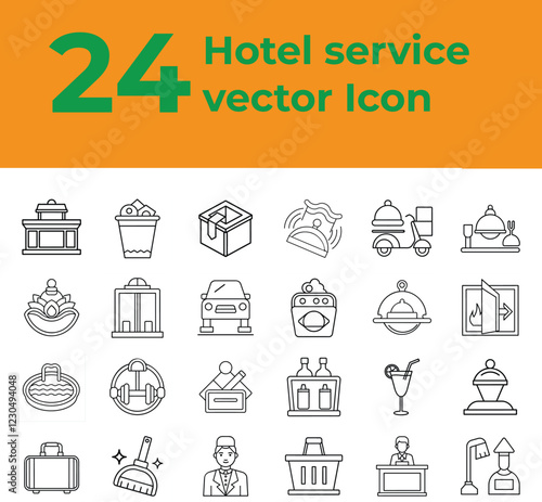 A collection of 24 hotel service vector icons in modern line art style, featuring essential hospitality symbols such as room service, concierge, luggage,  and more.