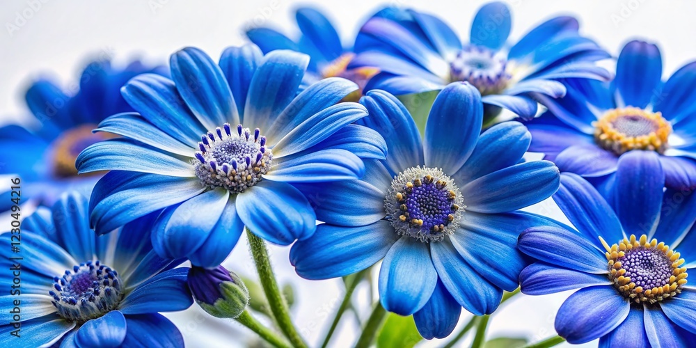 Obraz premium Vibrant Blue Cineraria Spring Flowers Isolated on White Background - Perfect for Spring Designs