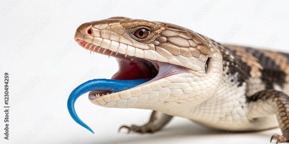 Fototapeta premium Vibrant Blue-Tongued Skink Macro Photo: Striking Blue Tongue Isolated on White
