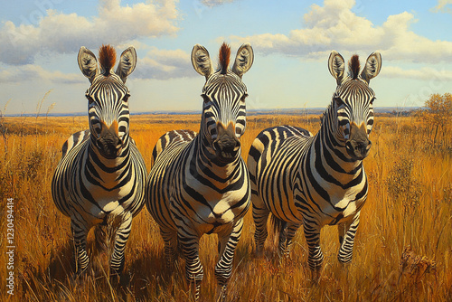 Three Zebras Stand in Golden African Savanna Grass