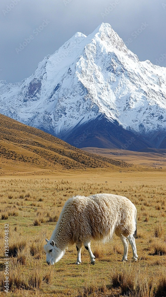 Fototapeta premium In an expansive field, a kiang grazes serenely against a backdrop of towering snow-capped peaks. The scene radiates calmness as nature thrives under soft light