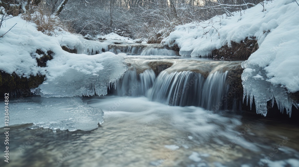 Frozen stream cascading through snowy winter forest Frozen stream cascading through snowy winter forest