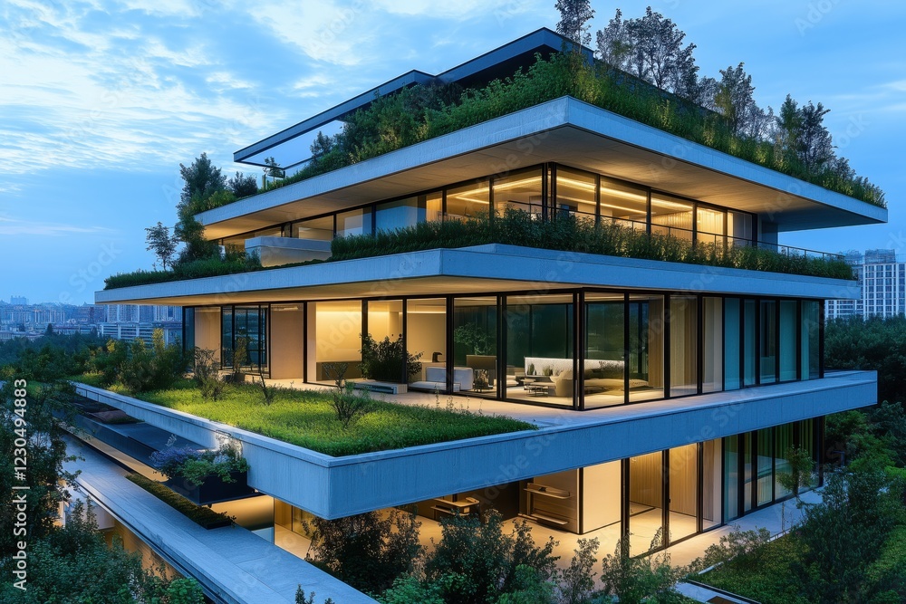 Architectural marvel featuring eco-friendly terraces with lush vegetation at dusk, showcasing seamless integration of nature and modern design. Surrounded by urban landscape with high-rise backgrounds Architectural marvel featuring eco-friendly terraces with lush vegetation at dusk, showcasing seamless integration of nature and modern design. Surrounded by urban landscape with high-rise backgrounds