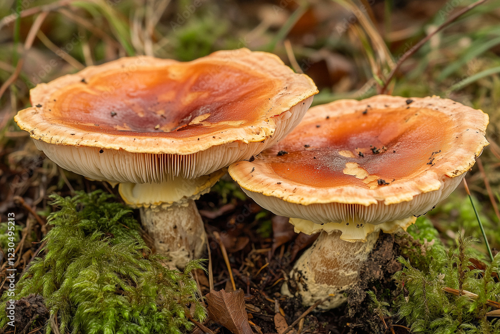 Two Orange-Brown Mushrooms in Forest Setting Two Orange-Brown Mushrooms in Forest Setting