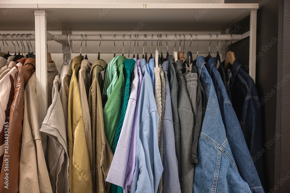 Variety of clothing on hangers organized on a rack in thrift store Variety of clothing on hangers organized on a rack in thrift store