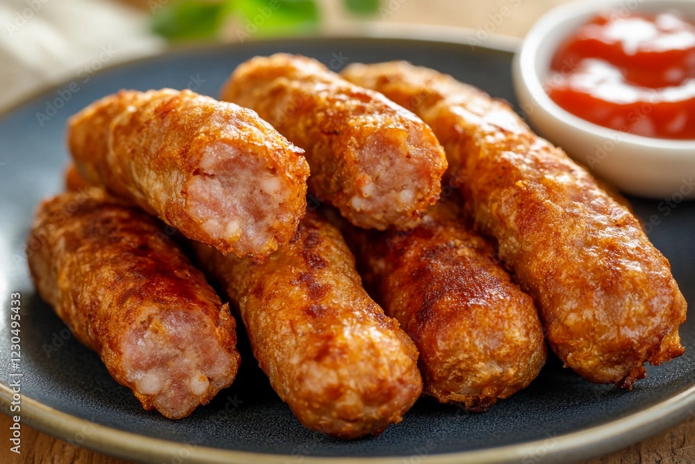 Savory sausage rolls garnished with tangy dip on a rustic plate Savory sausage rolls garnished with tangy dip on a rustic plate