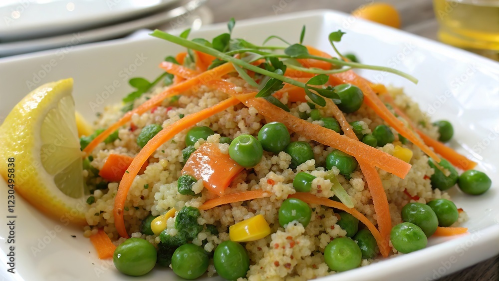 Fresh quinoa salad with peas and carrots garnished with lemon wedge prepared for a healthy meal Fresh quinoa salad with peas and carrots garnished with lemon wedge prepared for a healthy meal