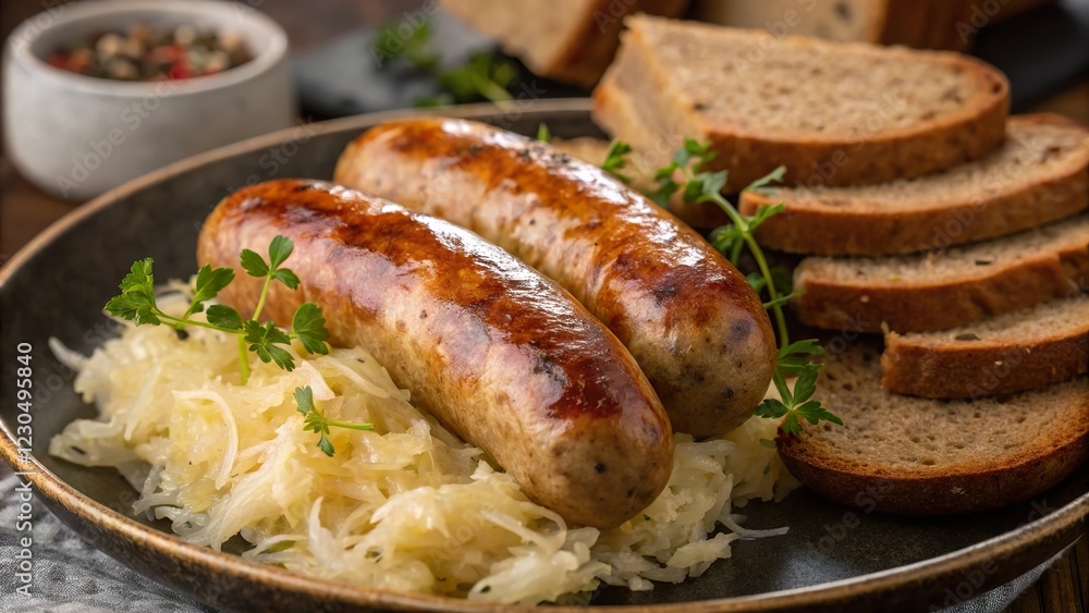 Easter sausages served on a platter with freshly baked bread and sauerkraut, celebrating a festive spring gathering in a cozy dining setting Easter sausages served on a platter with freshly baked bread and sauerkraut, celebrating a festive spring gathering in a cozy dining setting