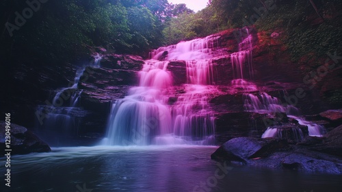 Majestic waterfall cascades down rocks in lush forest; tranquil nature scene; travel, tourism