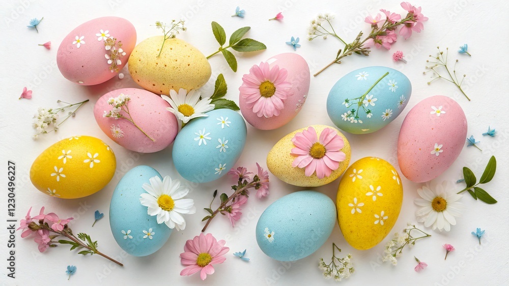 Obraz premium Colorful flat lay of traditional Easter eggs surrounded by flowers and greenery for a festive spring celebration