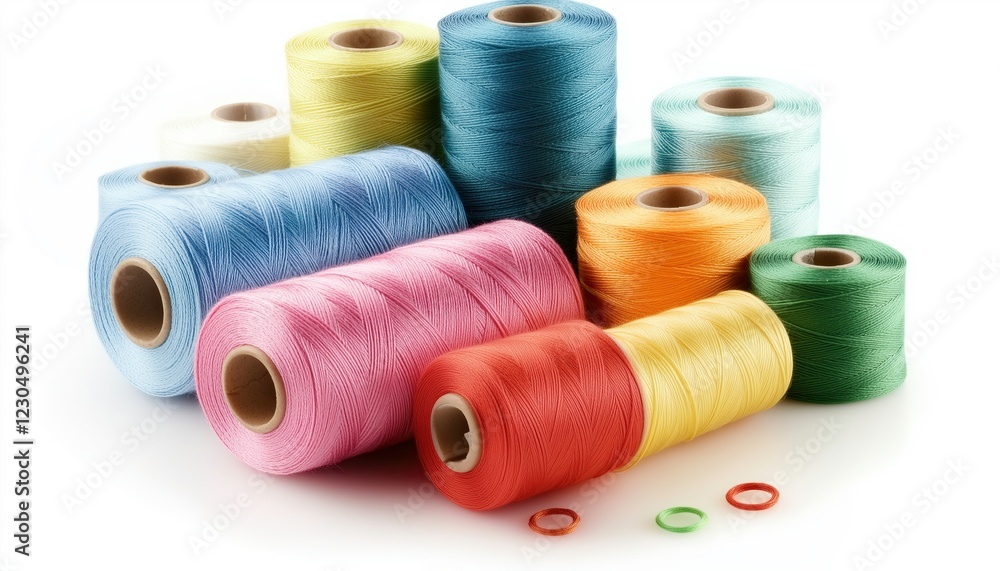 Colorful spools of thread are arranged on a white background. Colorful spools of thread are arranged on a white background.