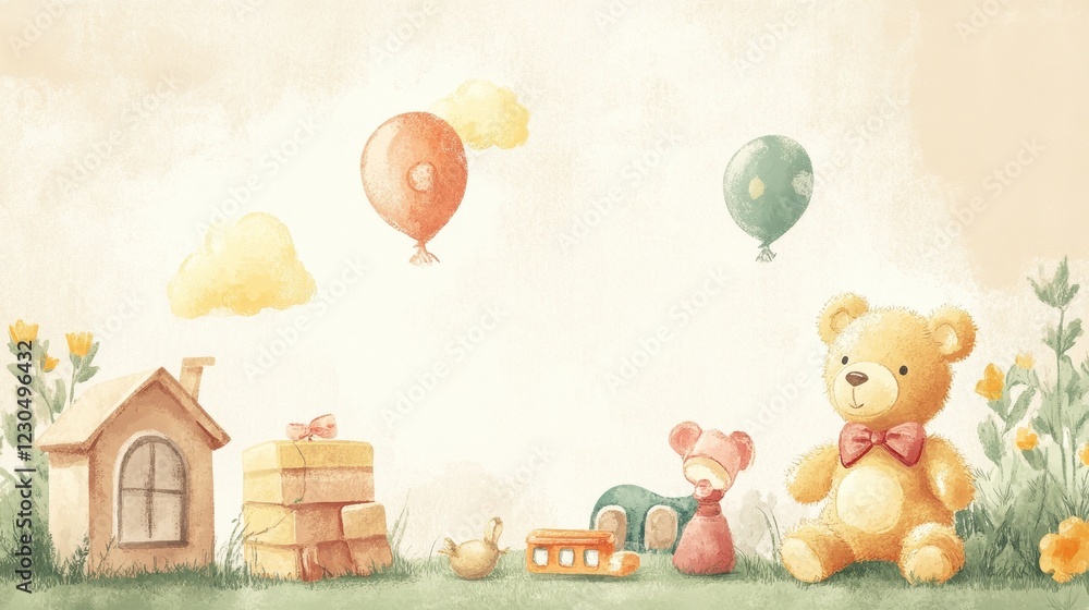 Obraz premium Playful Teddy Bear Scene with Toys and Balloons