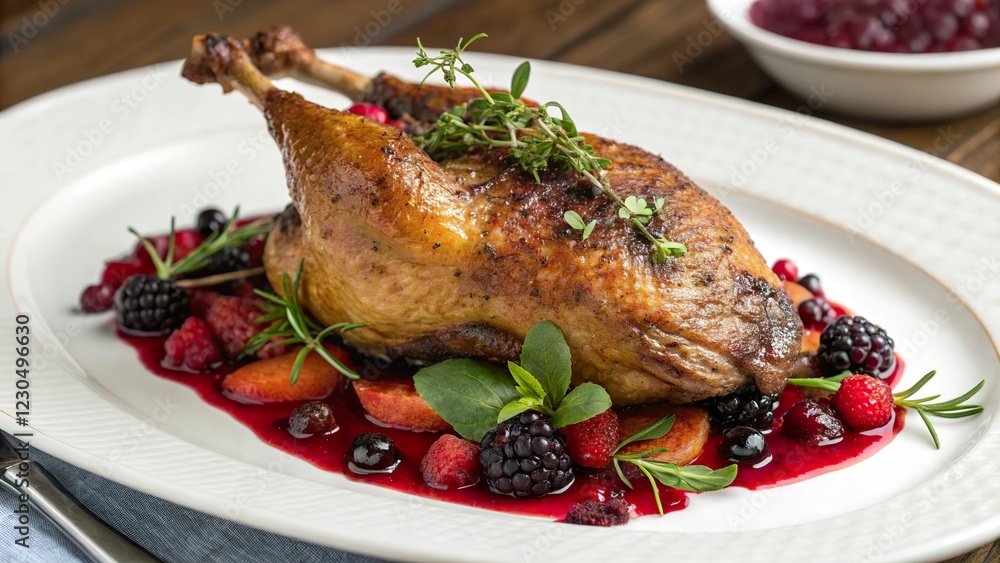 Deliciously roasted easter duck with crispy skin served on a vibrant berry platter Deliciously roasted easter duck with crispy skin served on a vibrant berry platter