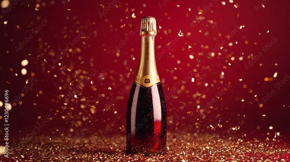 Fototapeta premium Champagne bottle with gold confetti and bokeh lights for New Year celebration, birthday, Valentine's day, special event