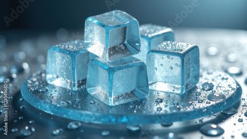 Fresh ice cubes melting on a wet blue surface with scattered water droplets	