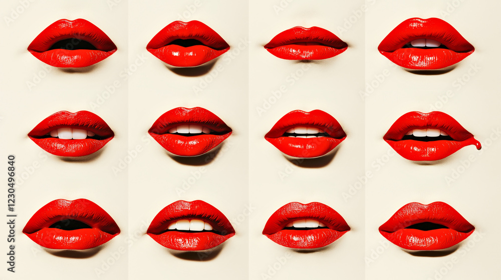 Obraz premium Vibrant Red Lips in Various Expressions and Lipstick Styles