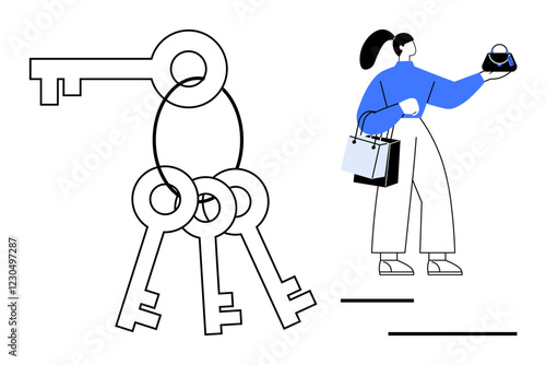 Young woman holding a purse and shopping bags stands beside three keys. Ideal for consumer behavior, choice, shopping decisions, financial management, opportunities, unlocking potential, modern