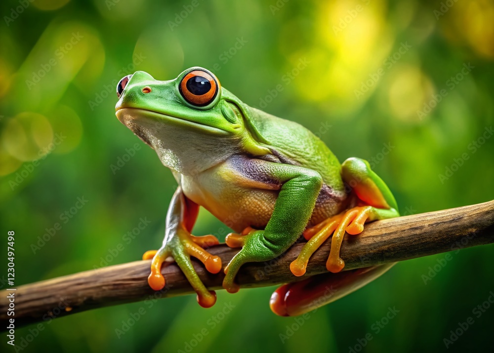 Vibrant Green Tree Frog Perched on Branch - High-Resolution Stock Photo Vibrant Green Tree Frog Perched on Branch - High-Resolution Stock Photo