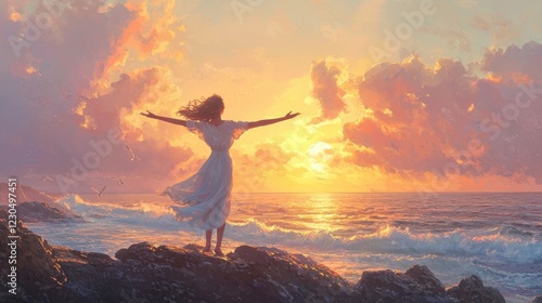 Serene Sunset Embrace, A Woman Finds Peace by the Ocean