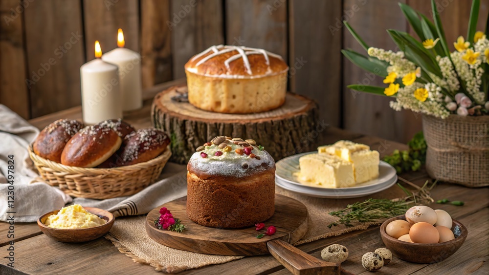 Naklejka premium Rustic wooden table displays a festive selection of Easter baked goods and spring decorations perfect for celebration