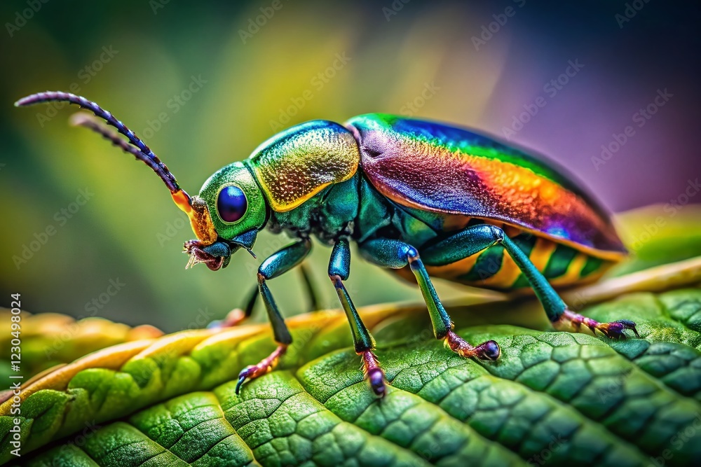Fototapeta premium Vibrant Insect on Green Leaf: Macro Photography of Nature's Tiny Wonders