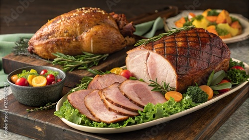 Traditional Easter feast showcasing beautifully prepared turkey and glazed ham with fresh vegetables and garnishes