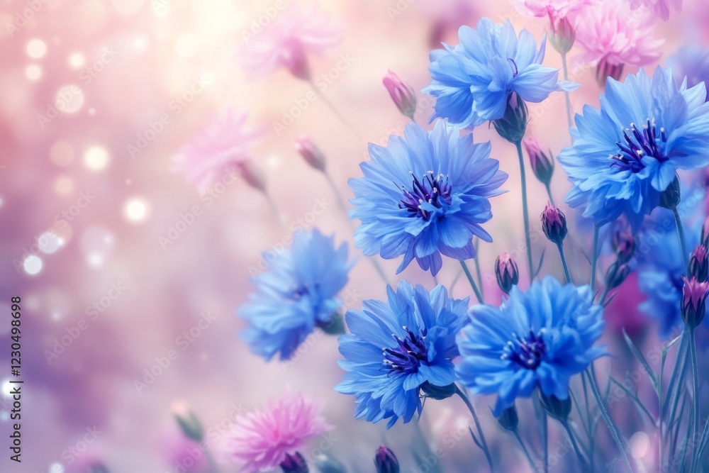 Obraz premium Whimsical Blue and Pink Flowers in Soft Focus Garden