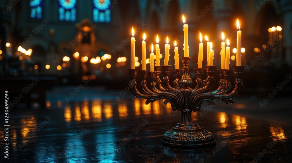 Fototapeta premium Ornate candelabra with lit candles in a dimly lit church.