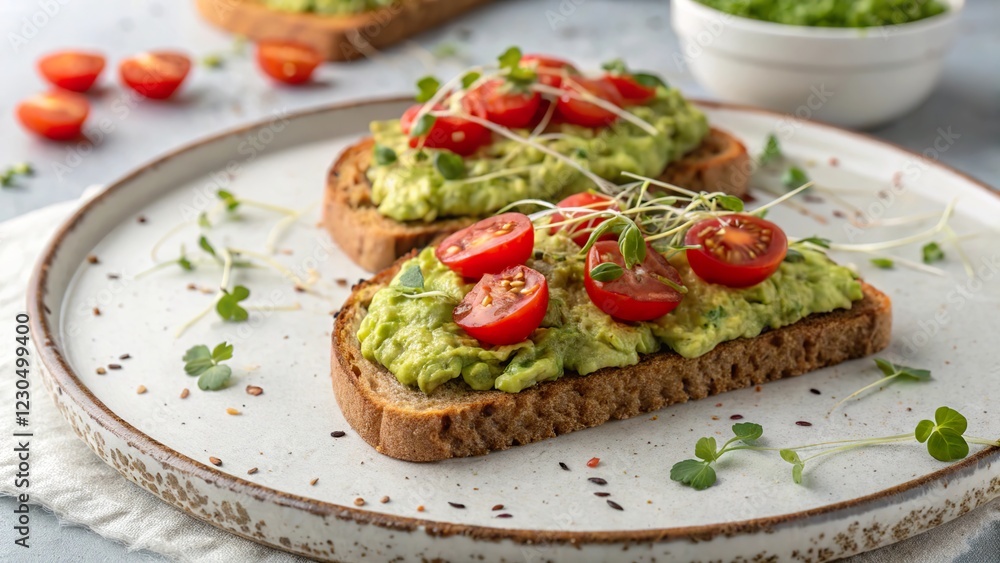 Delicious avocado toast topped with fresh tomatoes and microgreens on whole grain bread served in a bright kitchen setting Delicious avocado toast topped with fresh tomatoes and microgreens on whole grain bread served in a bright kitchen setting