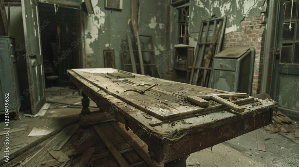 Obraz premium Abandoned eerie hospital room with an old rusty medical bed