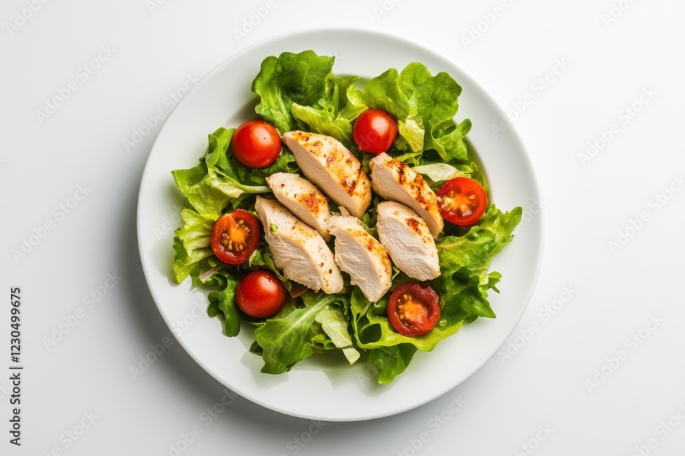 Appetizing summer salad with meat, tomatoes, spinach, basil and lettuce, healthy summer breakfast in a white plate on a white background, healthy food concept, top view, weight loss dishes Appetizing summer salad with meat, tomatoes, spinach, basil and lettuce, healthy summer breakfast in a white plate on a white background, healthy food concept, top view, weight loss dishes