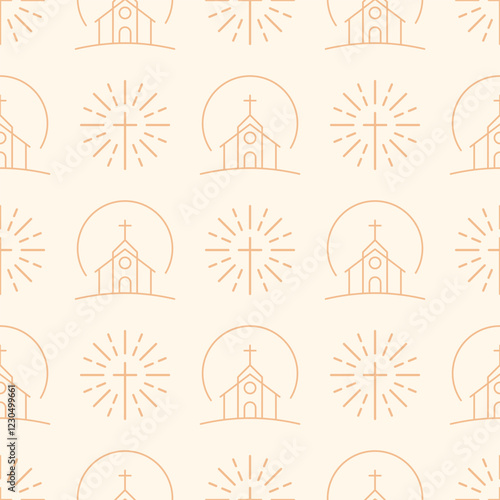 Minimalist vector seamless pattern with church and cross symbols. Beige religious background with linear elements