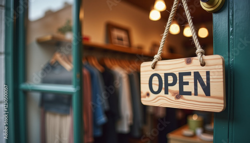 Rustic boutique feel with Open sign hanging on door of small boutique showcasing stylish clothes 