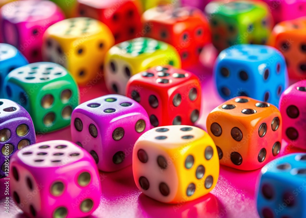 Vibrant Pink Background with Colorful Dice & Black Dots - Fun Food Photography Stock Photo Vibrant Pink Background with Colorful Dice & Black Dots - Fun Food Photography Stock Photo
