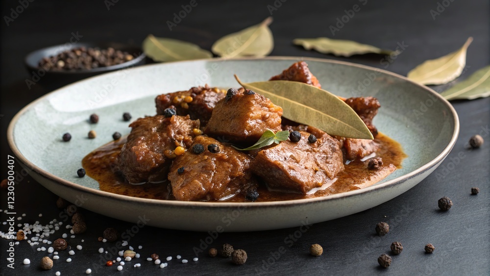 Gourmet adobo served on a minimalist plate with aromatic bay leaves and spices highlighted against a dark backdrop Gourmet adobo served on a minimalist plate with aromatic bay leaves and spices highlighted against a dark backdrop