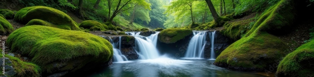 Obraz premium Waterfall at Golitha Falls with moss covered rocks, forest, cornwall