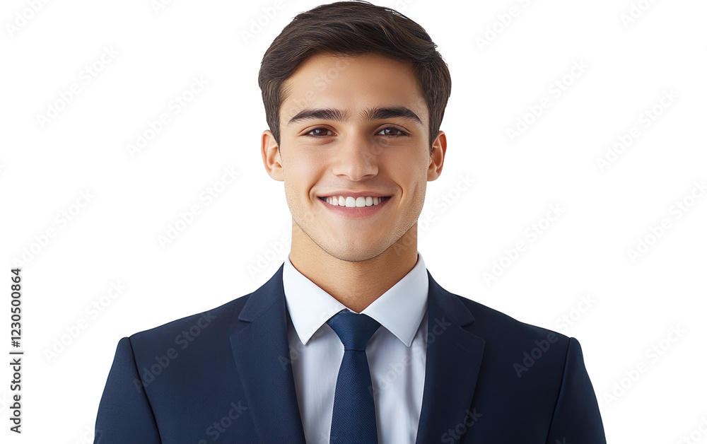 A young man in formal attire shows a bright smile with confidence, isolated on a transparent background. PNG