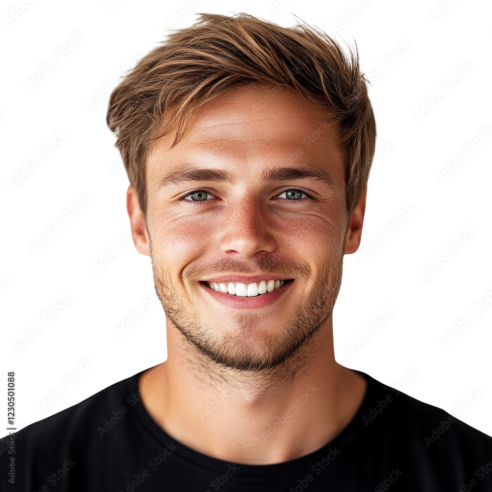 Fototapeta premium Young man with a joyful expression smiling directly at the viewer, isolated on a transparent background. PNG