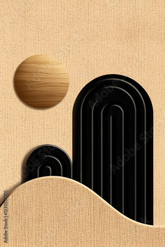 A minimalist design featuring abstract hills, an arch, and a circular sun, all set against a textured, light wood background.