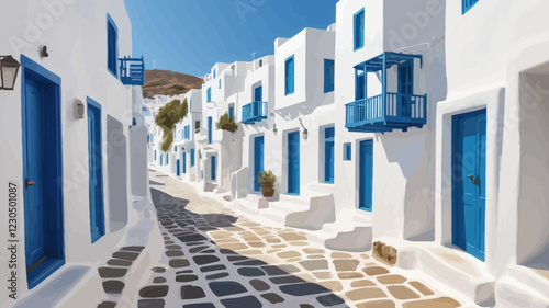 The painting of Mykonos in Greece reflects the iconic charm of this beautiful island. Narrow paving stones wind between white-washed buildings with striking blue shutters. vector illustration.