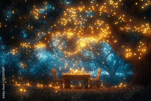 Enchanted forest dinner, romantic night, magical ambiance, fairy lights, table setting photo